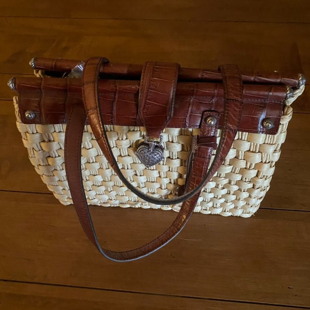 Authentic Brighton Ruth Woven Straw Satchel Bag with leather trim and handles - Picture 7 of 15